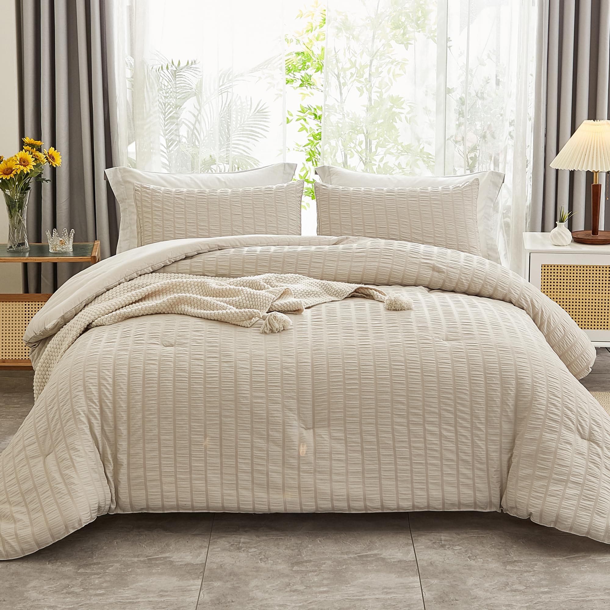 Beige Seersucker Queen Comforter Set - 3 Pieces, 100% Washed Microfiber, Lightweight Comforter with 2 Pillowcases