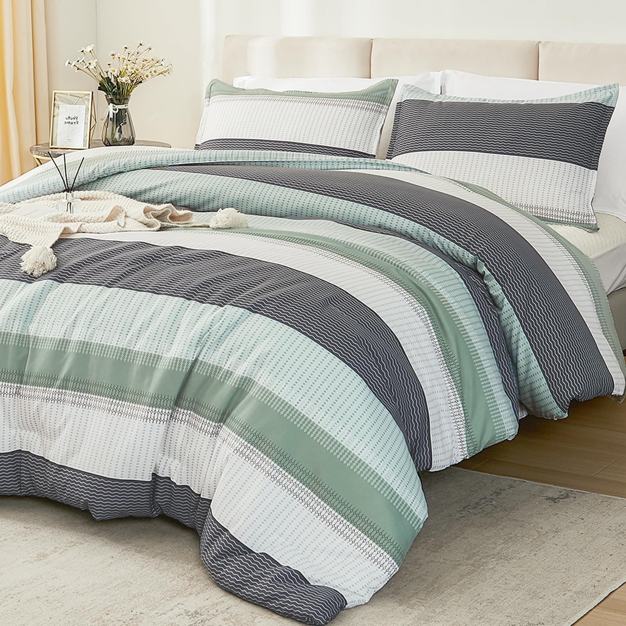 Litanika Queen Comforter Set - Sage Green, Light Green Stripe, All Season Bedding